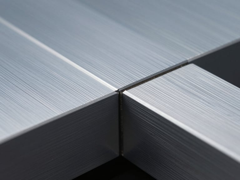 Extreme macro detail shot of a CNC-routed aluminum panel join, showing precision edge finish and exact color fidelity under cool studio light.