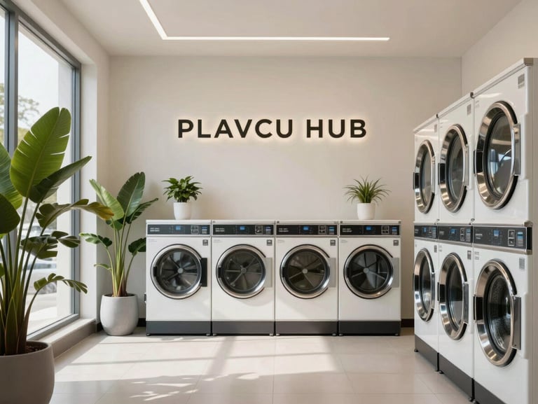 Clean interior of a premium laundromat hub with minimalist signage and plants, soft daylight.