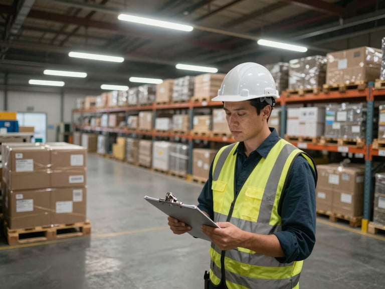 Elevated wide-angle view inside an active distribution facility, warehouse manager holding a clipboard reviewing inventory racks under steady fluorescent overhead light, pallets of freight staged in organized rows visible in background, practical industrial lighting, no posed figures