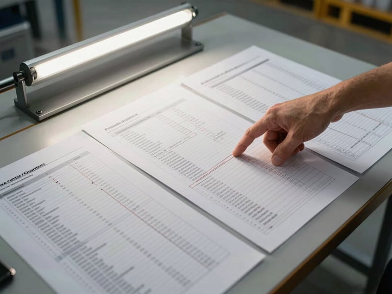 Waist-level view of a logistics planning session at a facility floor table, printed process flow documents and freight cost spreadsheets spread flat, a hand pointing to a specific line item, overhead fluorescent light, industrial concrete floor visible at edge of frame