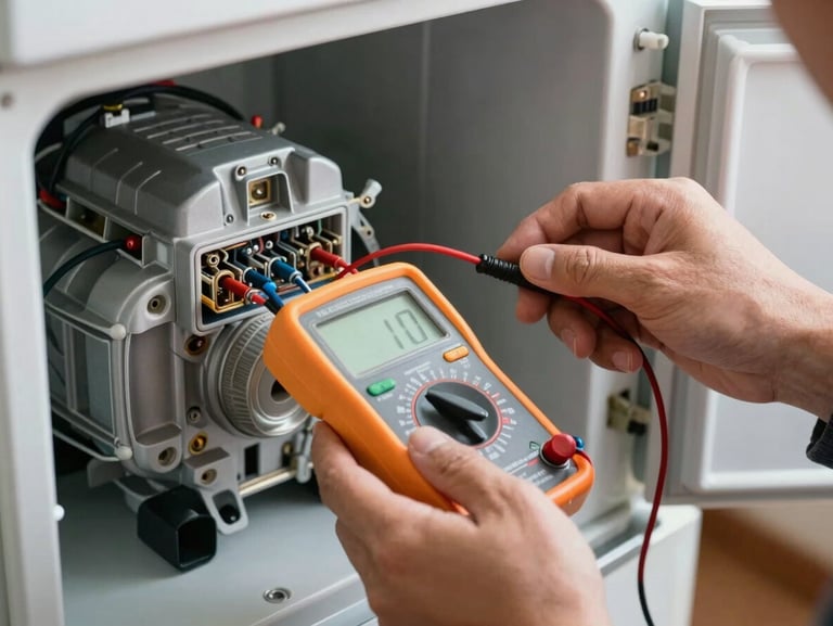 Close-up of a technician's hands using a digital multimeter to test electrical contacts inside a modern refrigerator compressor, clean indoor lighting, focus on tools.