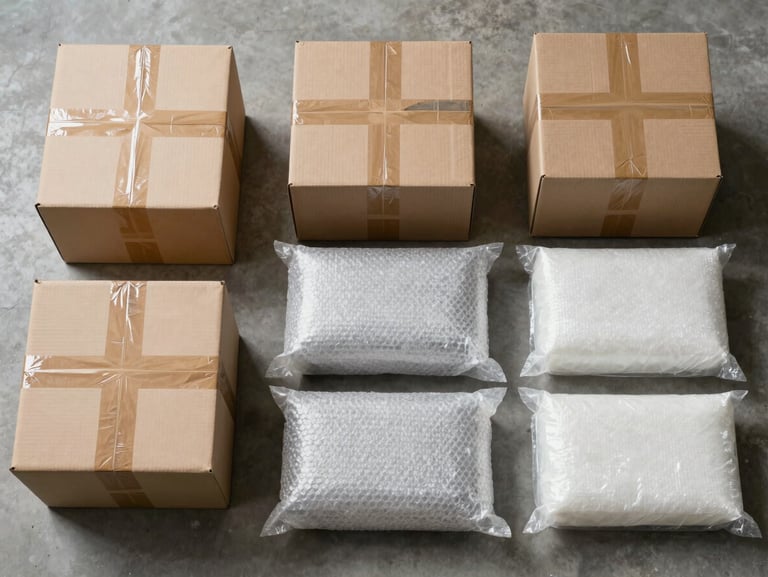 Top-down organized layout of heavy-duty packing materials, including perfectly taped corrugated boxes, bubble wrap, and structural padding on a clean concrete floor.