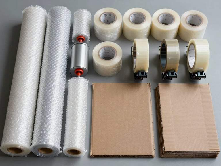 Top-down organized layout of industrial packing materials. Rolls of thick shock-absorbing bubble wrap, heavy-duty tape dispensers, and sheets of corrugated cardboard arranged neatly on a clean gray surface under bright, even lighting.