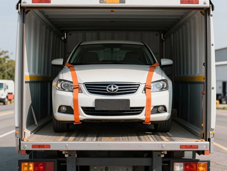 Straight-on eye-level shot of a clean modern vehicle carrier truck parked in high-daylight. A sedan is secured squarely on the lower deck with heavy-duty orange tie-down straps, showing perfectly taped corners and precise wheel-strap placement.