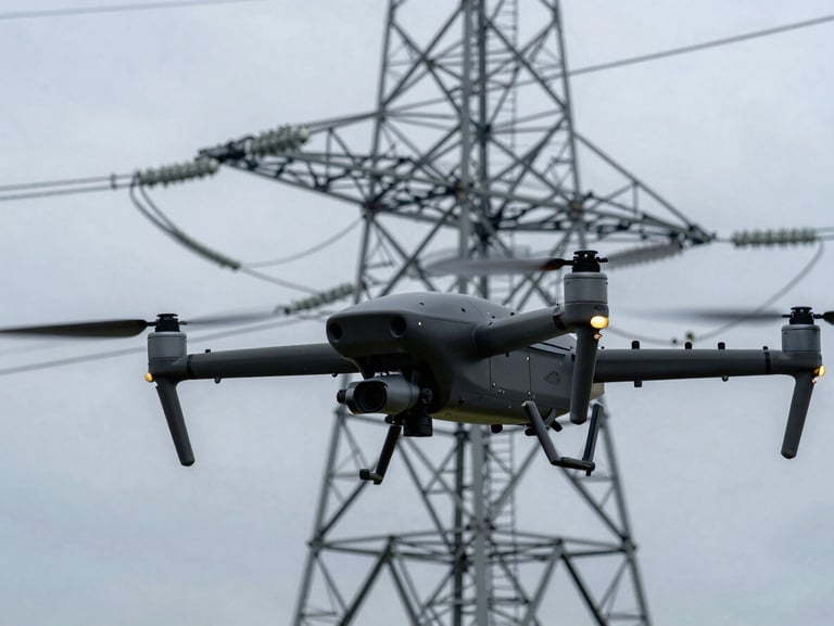 Close-up of an industrial UAV inspecting a massive electrical transmission tower, overcast sky, cool-toned laboratory lighting style, sharp detail, 50mm.