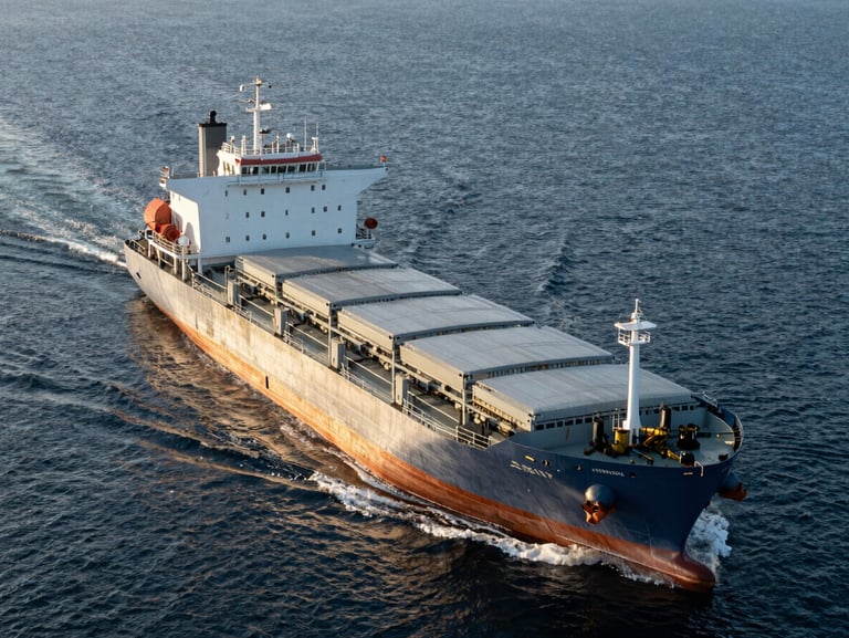 A crisp aerial view of a modern cargo ship navigating cold Canadian waters, natural daylight, cool undertones, high detail