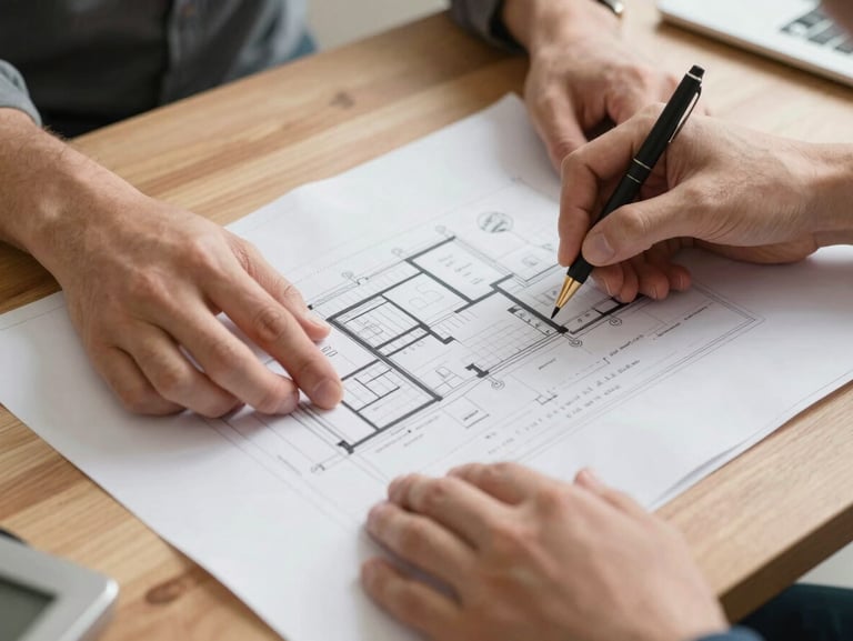 Close-up of hands reviewing physical architectural plans on a wooden desk, bright natural daylight, clean and focused framing.