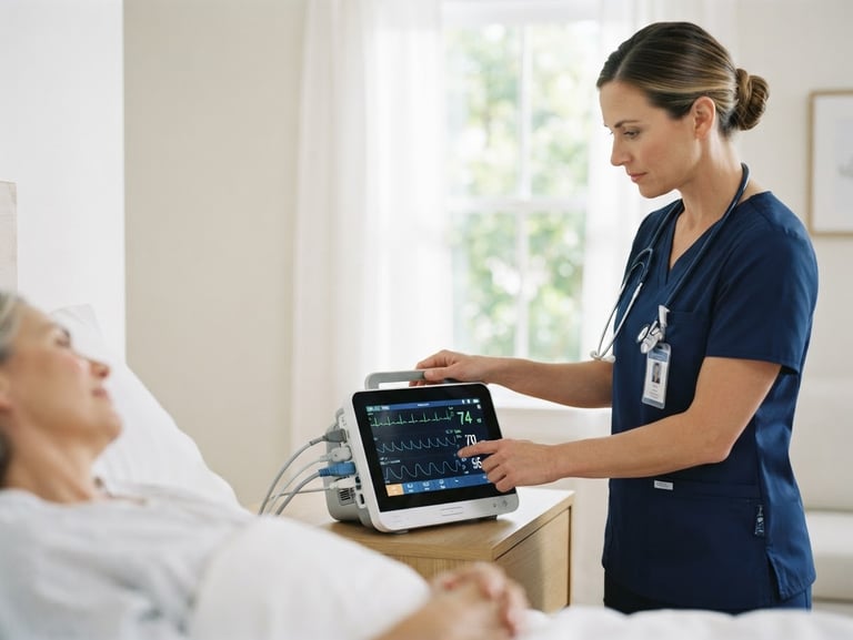 A professional ICU nurse in clean navy scrubs adjusting a modern digital cardiac monitor in a bright, well-lit home environment, soft natural window light, 35mm clinical photography.