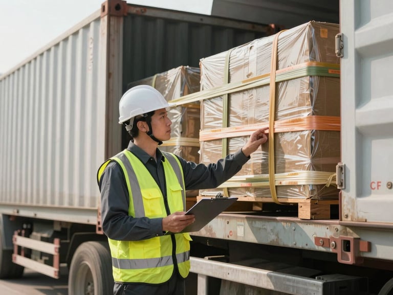 A supervisor in a safety vest holding a clipboard, inspecting cargo strapped securely inside a large container truck, daylight.