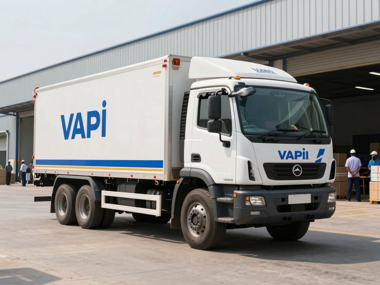 Wide shot, bright natural daylight. A heavy-duty transport truck with clean branding parked securely outside a modern warehouse facility in Vapi, Gujarat, with packing supervisors in uniform visible in the background.