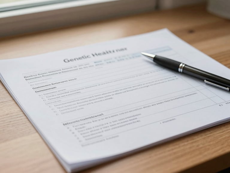 Close-up of printed genetic health panel documents spread on a wooden desk under bright natural window light, a pen resting beside them, clean and orderly, no clutter