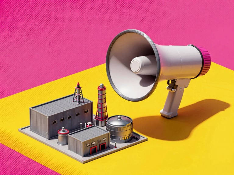 Isometric pop-art miniature world showing a tiny factory connected to a massive megaphone, bold ink shadows, vibrant magenta and yellow halftone textures, high contrast.