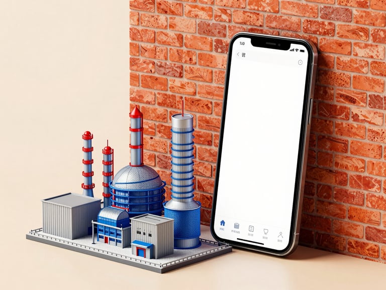 Isometric 3D miniature factory with a giant smartphone leaning against its brick wall showing a clean interface, bold ink outlines, halftone dot textures, vibrant primary colors.