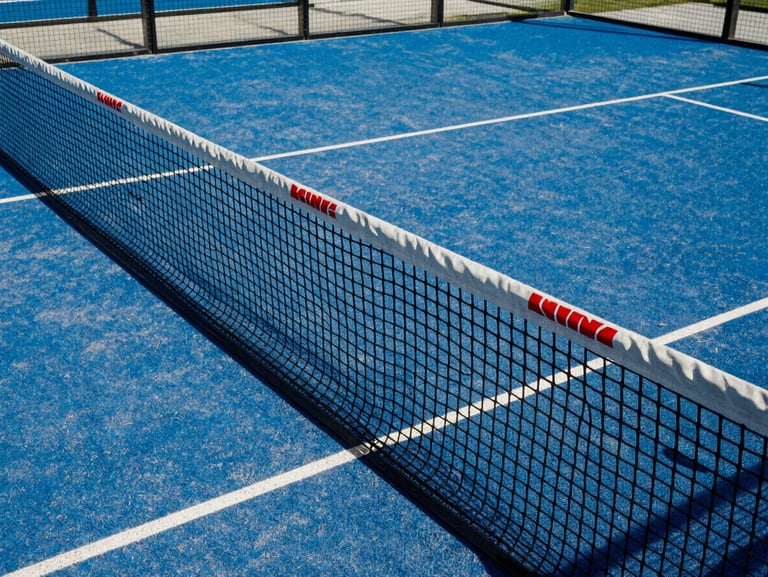 Close-up of a padel court net with red accents, pristine court lines visible under bright sun
