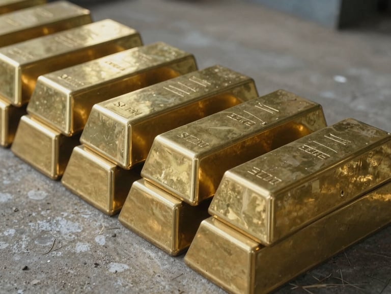 Close-up of raw brass ingots stacked systematically on a concrete foundry floor in Moradabad, harsh natural side light highlighting metallic textures.