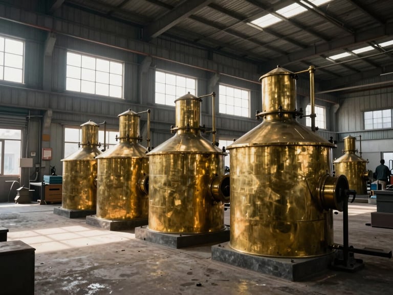 High-contrast wide-angle shot of a modern brass foundry floor in Moradabad, natural industrial light streaming through high windows, raw materials stacked in the background