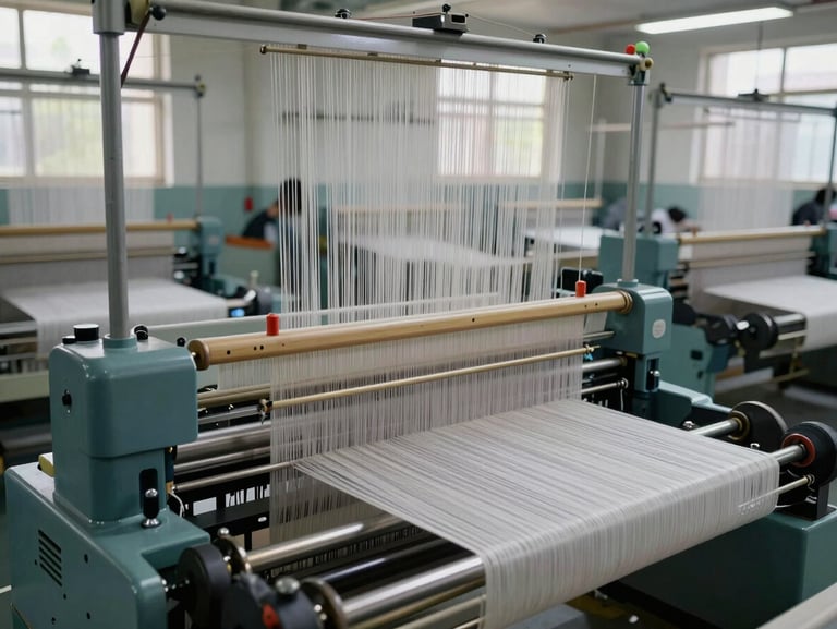 High-speed automated weaving looms operating in a clean Coimbatore textile mill, natural light from high windows.