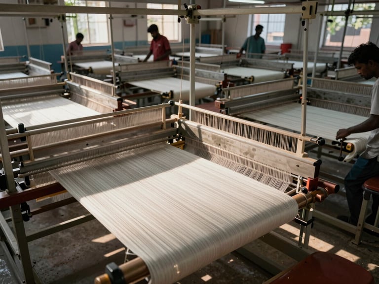 Wide environmental shot of a high-capacity textile weaving floor in Coimbatore, natural light casting sharp shadows across rows of modern looms, unposed workers in background.