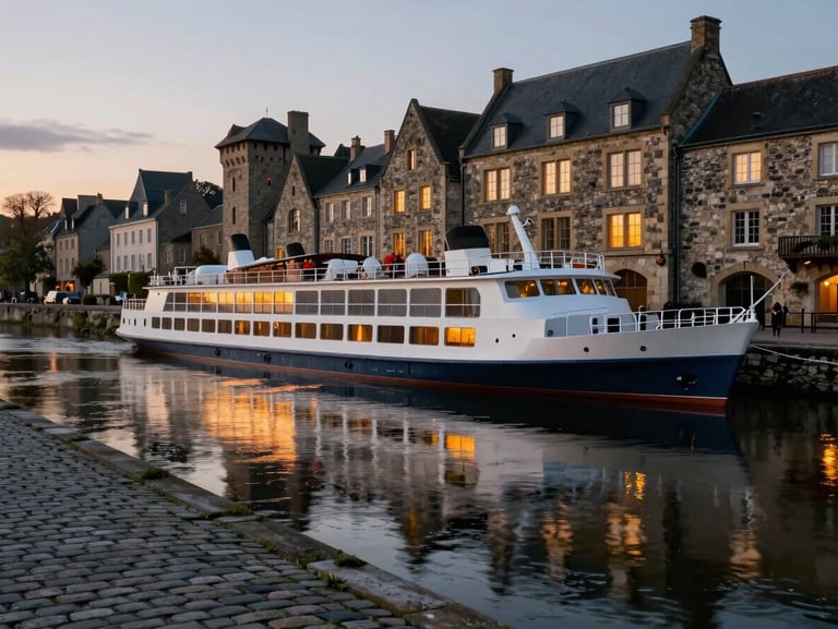 River cruise ship moored alongside a medieval European town at dawn, cobblestone quay in the foreground, warm window light from the town's stone buildings reflecting on still water, intimate scale