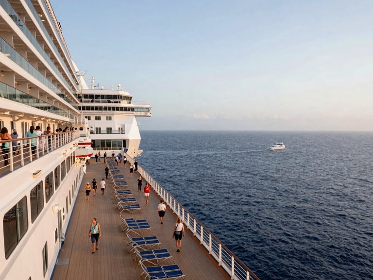 Wide-angle view of a large ocean cruise ship's upper deck promenade, passengers walking past deck chairs toward the horizon, soft morning light, the open sea stretching to the edge of frame