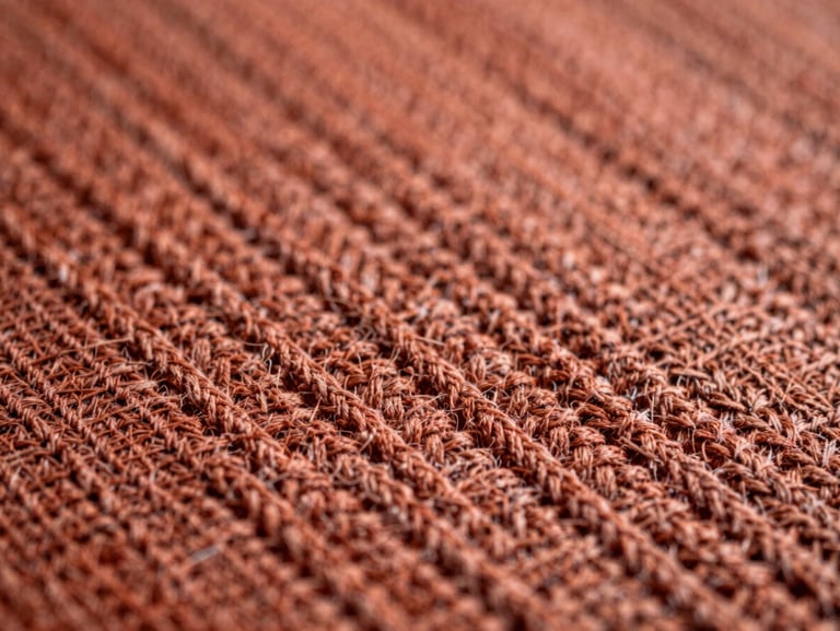 Close-up of a woven cotton tapestry with deep terracotta threads, soft diffused daylight, macro texture, 35mm.