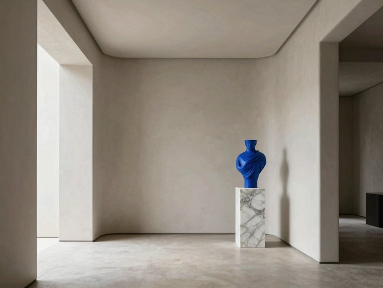 A luxurious minimalist living room with high ceilings, featuring a curated blue-chip sculpture in marble on a pedestal, soft natural daylight