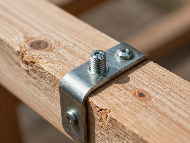 Macro architectural detail of a custom steel collar tie bolted to a rough-sawn Douglas fir rafter, sharp natural lighting, visible steel texture and wood grain.