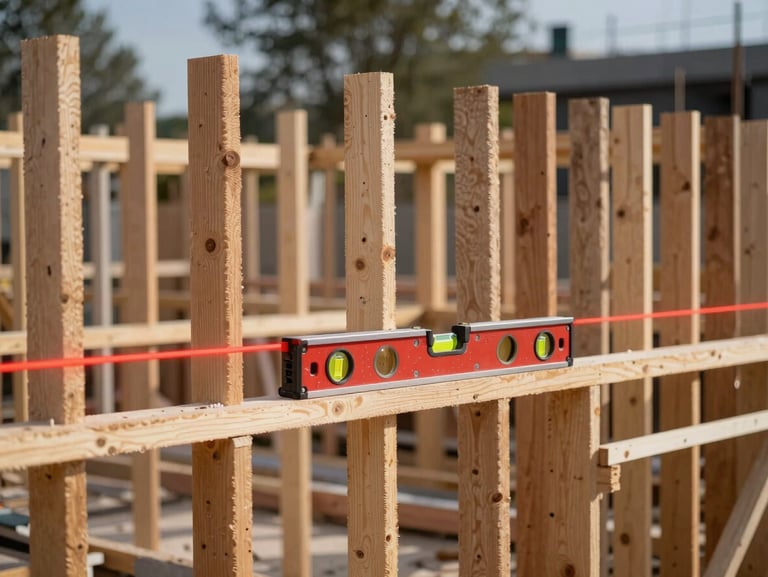 Architectural elevation of a clean construction site with a red-line level laser casting a perfectly horizontal line across timber studs.