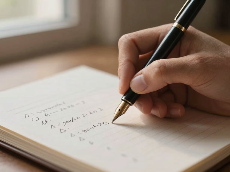 Close-up of a hand with a fountain pen writing precise calculations on structured linen paper, soft warm side-lighting from a window, shallow depth of field, elegant and quiet editorial mood.