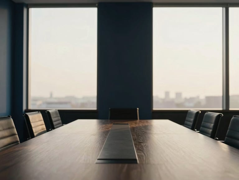 A quiet, empty professional boardroom with warm morning light filtering through tall windows, showcasing high-end minimalist design, deep navy and muted gold accents, medium format