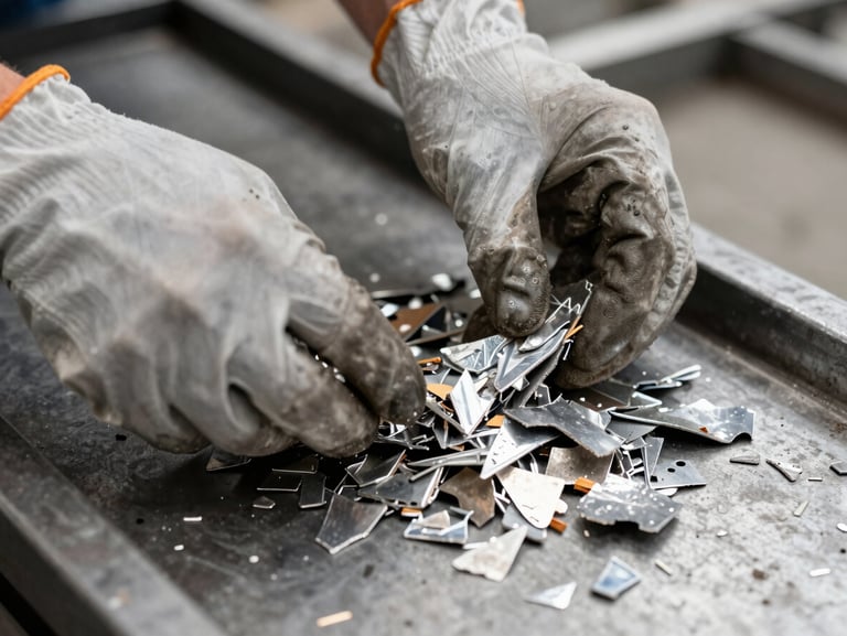 Extreme close-up of hands sorting aluminum scrap pieces on a metal sorting table under tungsten light, industrial gloves, varied alloy fragments, concrete background, documentary framing