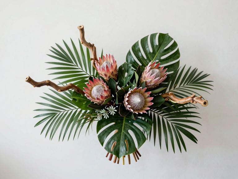 Flat-lay overhead of a seasonal floral arrangement with tropical foliage, proteas and sculptural stems on a cool white background, even studio lighting, minimal and precise