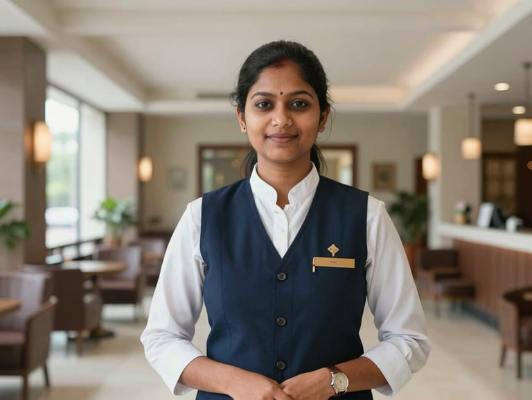 Environmental portrait of a professional Bangladeshi hospitality worker in a clean, bright hotel lobby, natural daylight, 35mm corporate photography