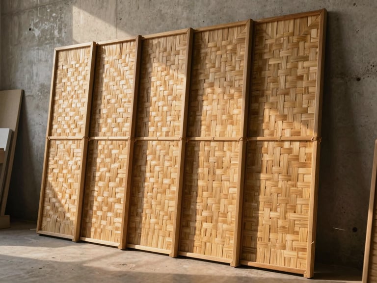 Ground-level view of finished woven bamboo decorative panels stacked upright against a raw concrete wall in a production space, warm afternoon light catching the weave texture, natural facility setting