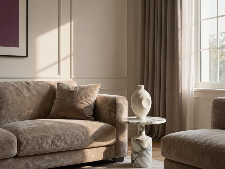 A finished elegant living room corner with a plush taupe sofa, a curated marble side table, and a sculptural vase catching the late afternoon sun
