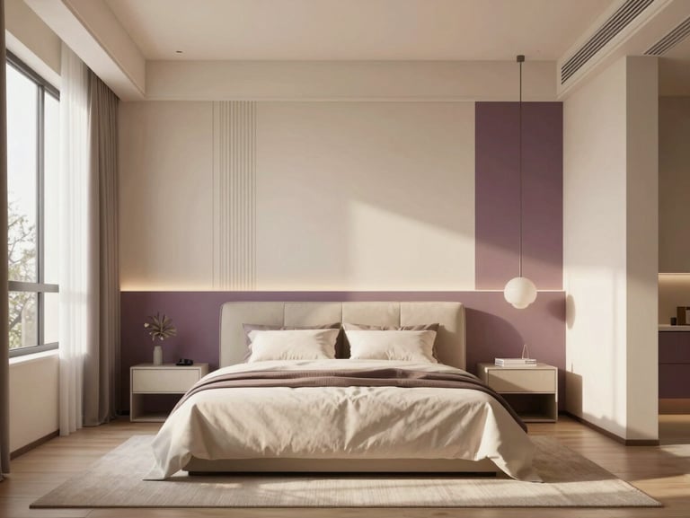 Photorealistic 3D interior render of a serene modern bedroom in warm ivory and plum tones, elegant minimalist styling, soft natural shadows