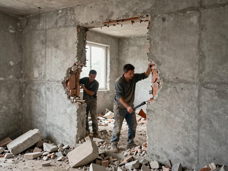 Close-up of workers breaking through a concrete interior wall during demolition phase, rubble on the floor, exposed rebar visible, natural light from a window opening, no styling or finished surfaces
