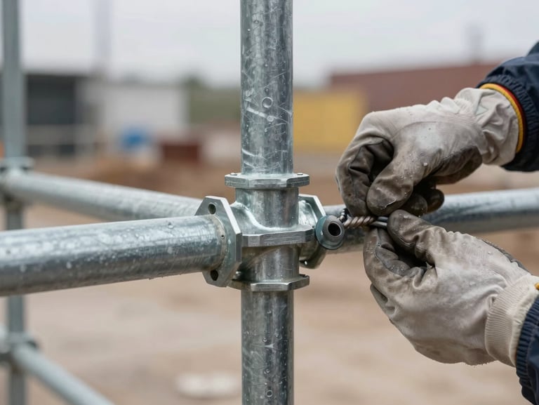 Tight crop on a scaffolding connection node being hand-tightened by a worker in gloves, galvanized steel tubes and couplers in sharp focus, blurred jobsite background, overcast daylight