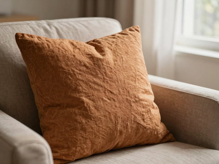 Detail close-up of a warm ochre linen cushion on a neutral modern armchair, soft morning light, 35mm