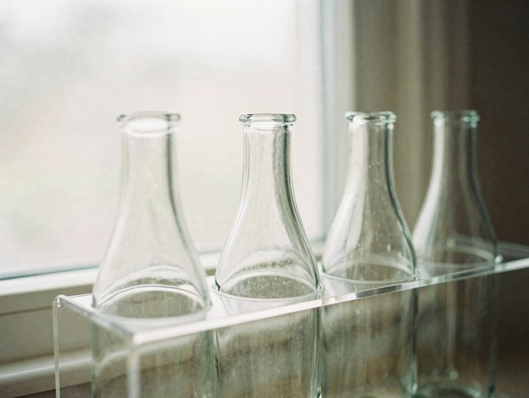 Close-up of styled acrylic under-sink organizers holding glass bottles under diffused window light, 35mm