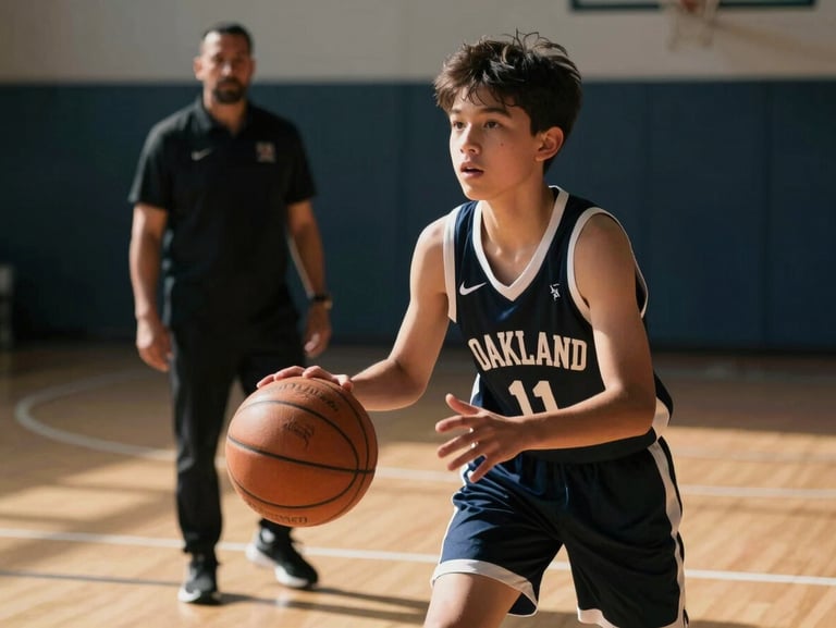 A high-contrast natural light photo of a youth basketball court in Oakland, with a young athlete focused on a basketball in the foreground and a mentor in the background.