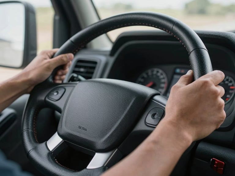 Macro close-up of a professional truck driver's hands gripping a modern steering wheel, crisp daylight illuminating the dashboard, high-contrast industrial feel.