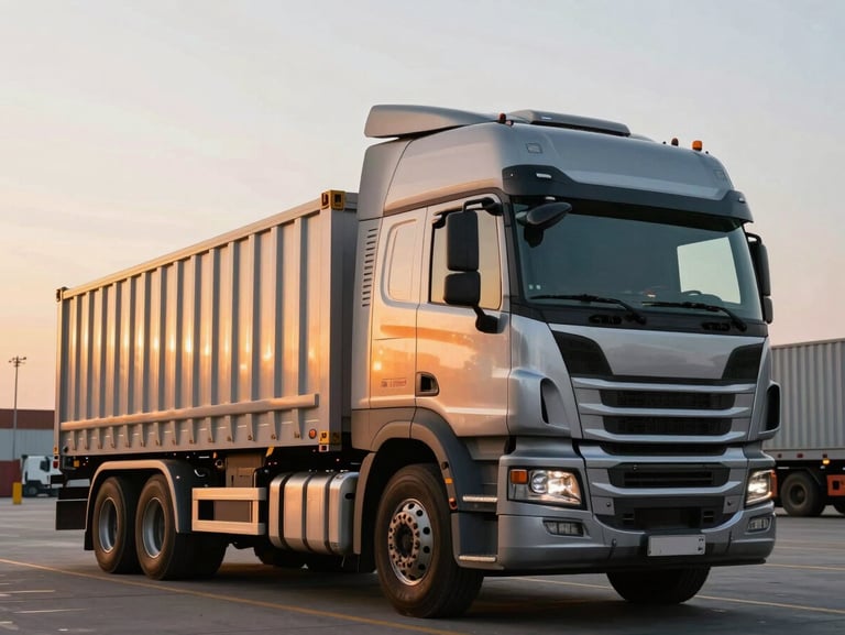 A modern heavy cargo truck parked at a logistics terminal during sunset, orange light reflecting on the metallic cabin, clean and powerful