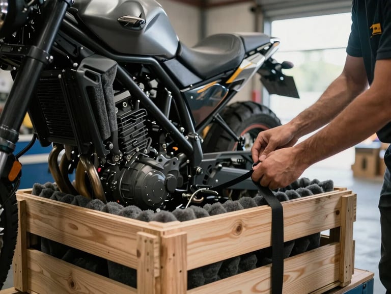 Close-up of a motorcycle being packed into a custom wooden crate, foam lining visible around the frame, crew member's hands tightening a strap, warehouse with natural daylight from side windows