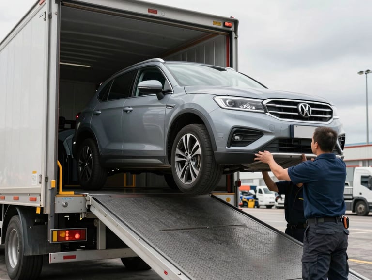 Medium shot of a car being guided up a hydraulic loading ramp into an enclosed carrier truck, crew member's hands visible steadying the wheel, overcast natural daylight, organised dock environment