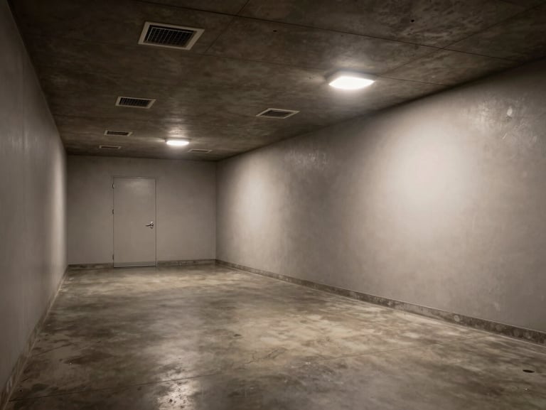 Wide environmental shot of a completed underground room interior — cool studio strobe lighting illuminating a symmetrical corridor with integrated climate control vents flush to a dark graphite-panel ceiling, polished concrete floor, and a sealed access door centered in the far wall; tight material junction detail visible at wall-to-ceiling seam; no people, no warm tones, no decorative objects