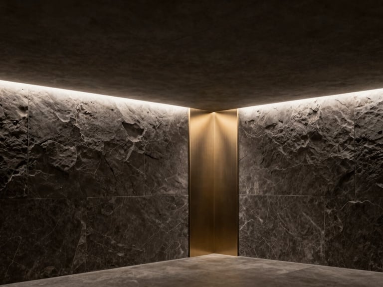 Tight detail of an underground room interior finish — a material junction where honed dark stone meets a brushed metal reveal strip, flush concealed lighting casting a cool linear glow along the seam, precise symmetry, close framing, no human elements, no warm tones, studio strobe lighting, graphite and muted gold accent