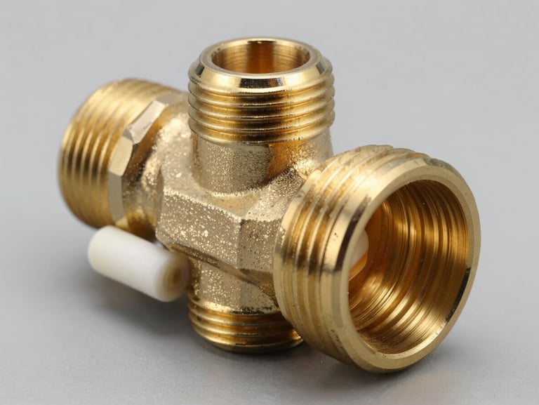 Cross-section of a machined solid-brass internal valve, showing the precise threads and ceramic cartridges, clinical studio lighting.