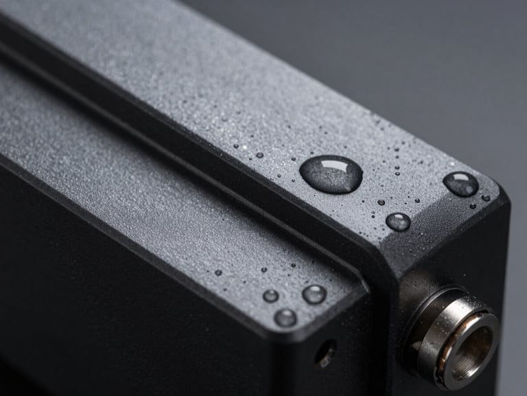 Macro detail of a physical vapor deposition PVD finish on matte black metal, water droplets sliding off the hydrophobic surface.