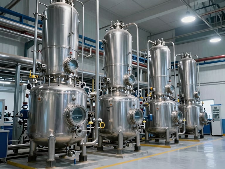 Wide-angle, clean industrial chemical facility showing stainless steel reactors, polished piping, and clinical cool-toned laboratory lighting with sharp focus.